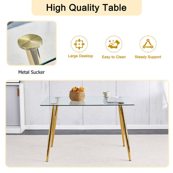 English Elm Modern Tempered Glass Rectangular Dining Table with Gold Metal Legs Seats Six W2827S00034