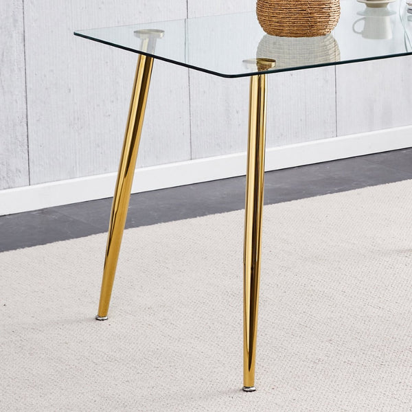 English Elm Modern Tempered Glass Rectangular Dining Table with Gold Metal Legs Seats Six W2827S00034