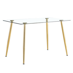 English Elm Modern Tempered Glass Rectangular Dining Table with Gold Metal Legs Seats Six W2827S00034