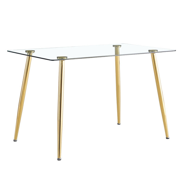 English Elm Modern Tempered Glass Rectangular Dining Table with Gold Metal Legs Seats Six W2827S00034