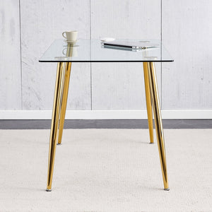English Elm Modern Tempered Glass Rectangular Dining Table with Gold Metal Legs Seats Six W2827S00034