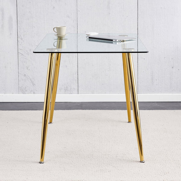 English Elm Modern Tempered Glass Rectangular Dining Table with Gold Metal Legs Seats Six W2827S00034