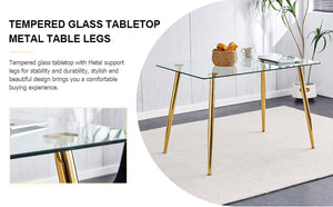 English Elm Modern Tempered Glass Rectangular Dining Table with Gold Metal Legs Seats Six W2827S00034