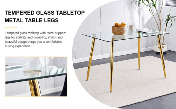English Elm Modern Tempered Glass Rectangular Dining Table with Gold Metal Legs Seats Six W2827S00034