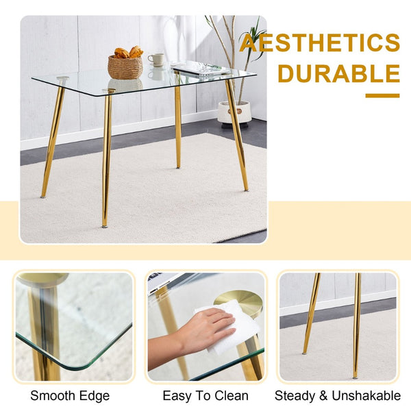 English Elm Modern Tempered Glass Rectangular Dining Table with Gold Metal Legs Seats Six W2827S00034