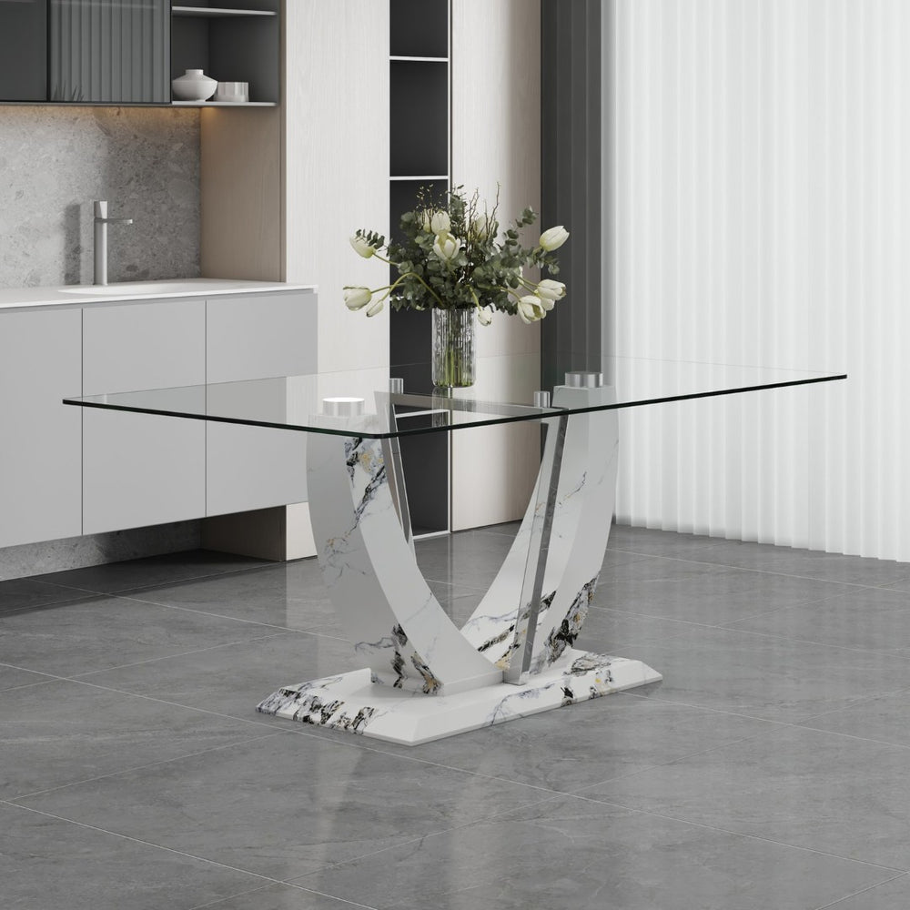 English Elm A Rectangular Tempered Glass Dining Table with Marble Pattern Legs and Steel Frame W2827S00036