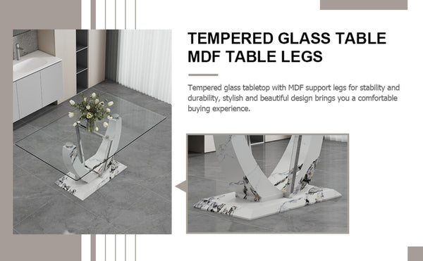 English Elm A Rectangular Tempered Glass Dining Table with Marble Pattern Legs and Steel Frame W2827S00036