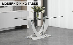 English Elm A Rectangular Tempered Glass Dining Table with Marble Pattern Legs and Steel Frame W2827S00036