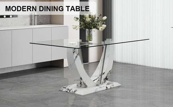 English Elm A Rectangular Tempered Glass Dining Table with Marble Pattern Legs and Steel Frame W2827S00036