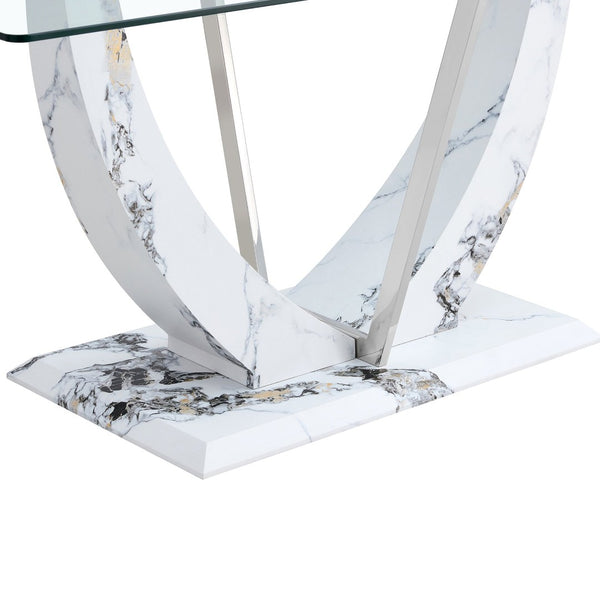 English Elm A Rectangular Tempered Glass Dining Table with Marble Pattern Legs and Steel Frame W2827S00036