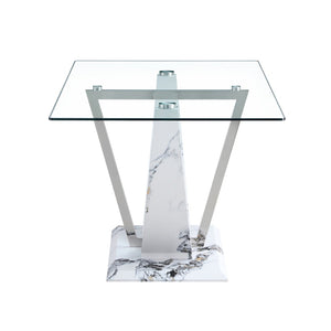 English Elm A Rectangular Tempered Glass Dining Table with Marble Pattern Legs and Steel Frame W2827S00036