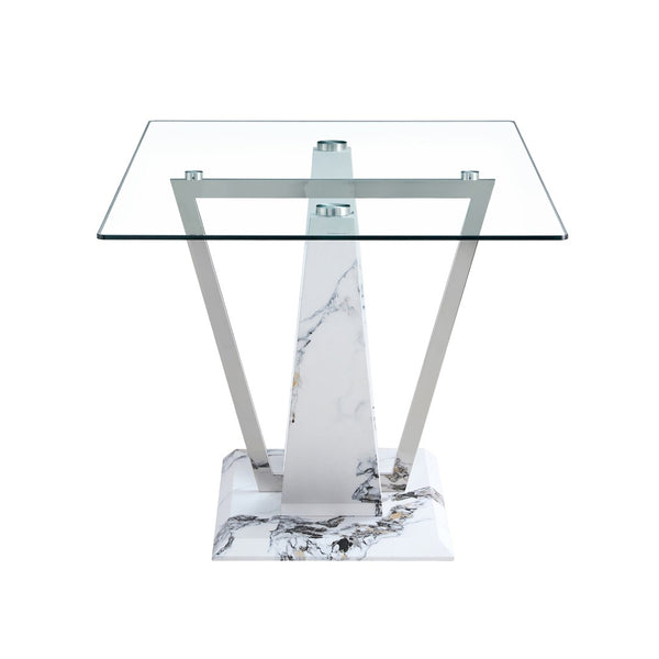 English Elm A Rectangular Tempered Glass Dining Table with Marble Pattern Legs and Steel Frame W2827S00036