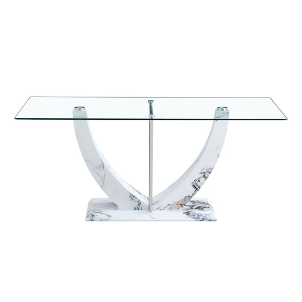 English Elm A Rectangular Tempered Glass Dining Table with Marble Pattern Legs and Steel Frame W2827S00036