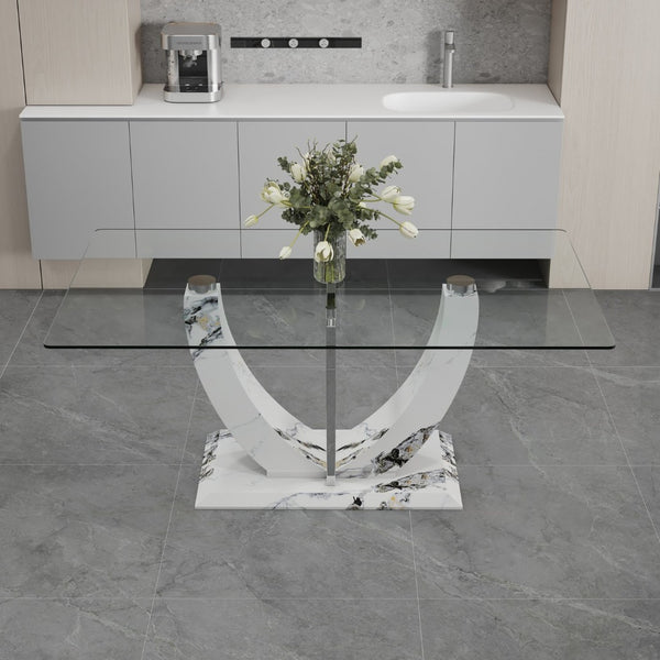 English Elm A Rectangular Tempered Glass Dining Table with Marble Pattern Legs and Steel Frame W2827S00036