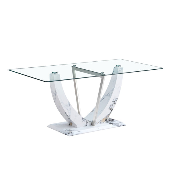 English Elm A Rectangular Tempered Glass Dining Table with Marble Pattern Legs and Steel Frame W2827S00036