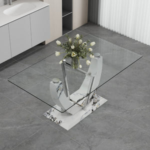 English Elm A Rectangular Tempered Glass Dining Table with Marble Pattern Legs and Steel Frame W2827S00036