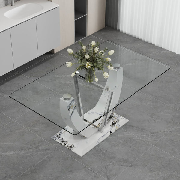 English Elm A Rectangular Tempered Glass Dining Table with Marble Pattern Legs and Steel Frame W2827S00036