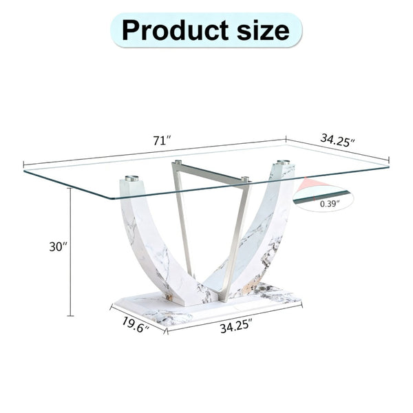 English Elm A Rectangular Tempered Glass Dining Table with Marble Pattern Legs and Steel Frame W2827S00036