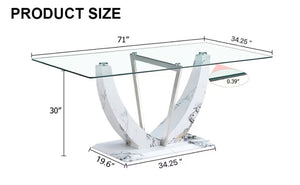 English Elm A Rectangular Tempered Glass Dining Table with Marble Pattern Legs and Steel Frame W2827S00036