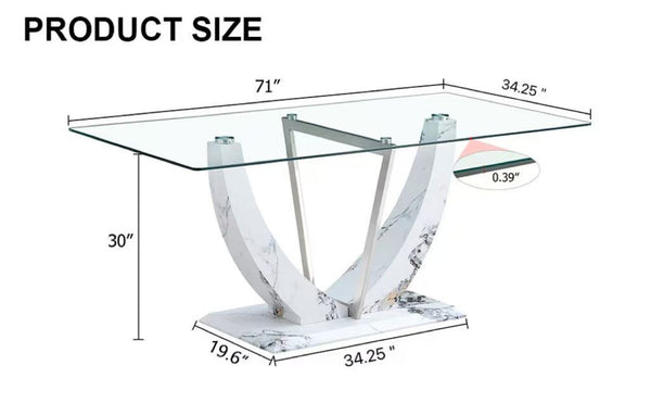 English Elm A Rectangular Tempered Glass Dining Table with Marble Pattern Legs and Steel Frame W2827S00036