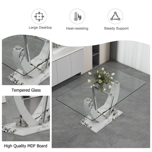 English Elm A Rectangular Tempered Glass Dining Table with Marble Pattern Legs and Steel Frame W2827S00036