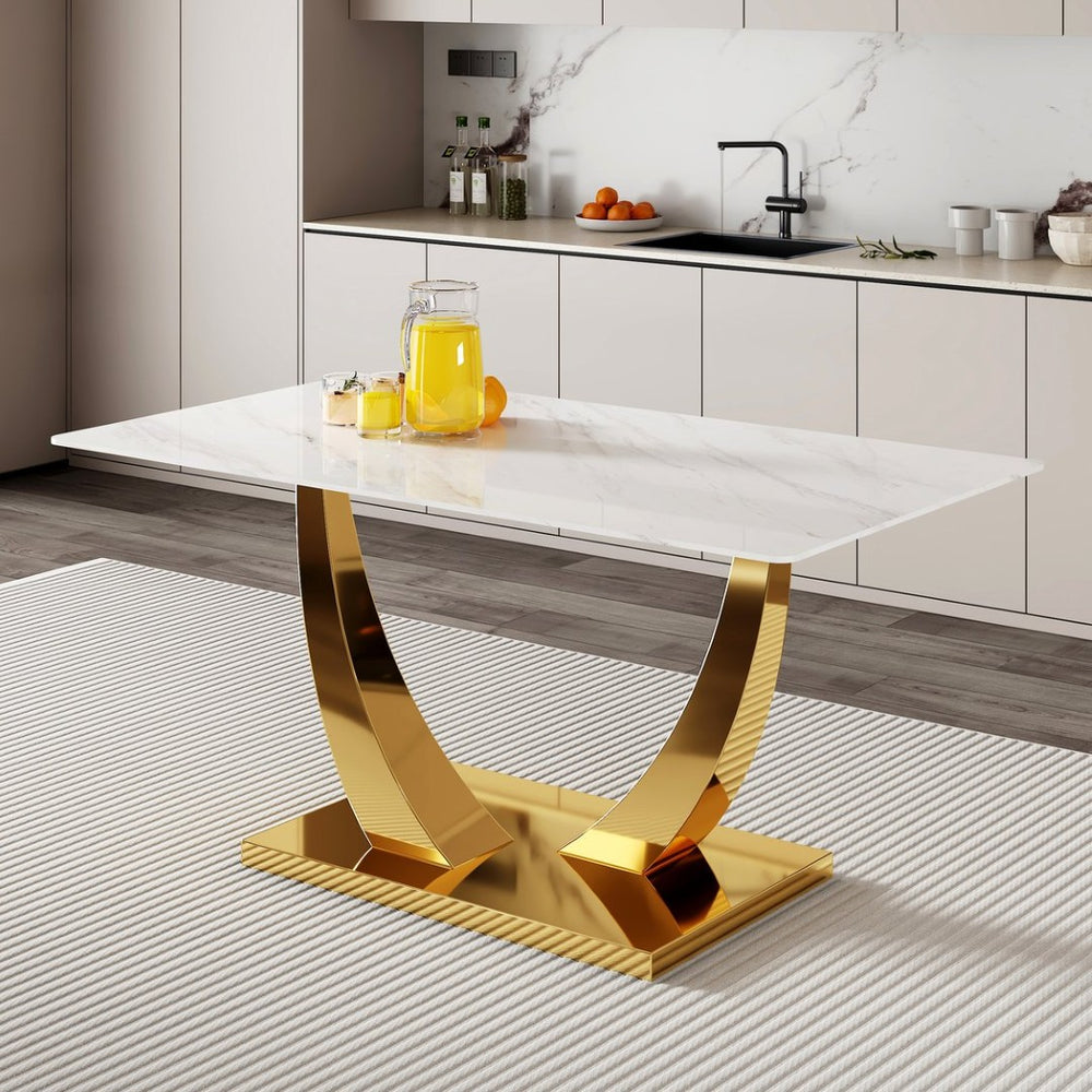 English Elm Modern Glass Rectangular Dining Table with Gold Metal Legs Seats Eight Stylishly W2827S00038