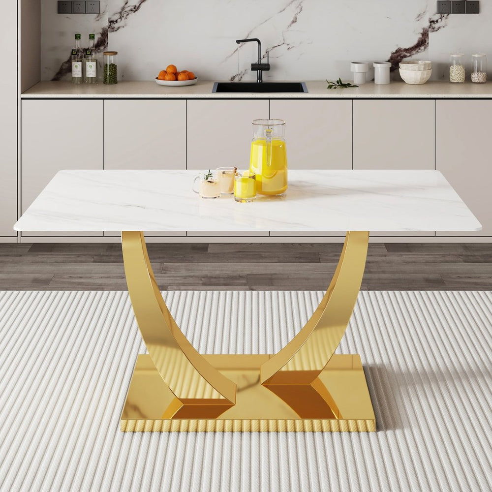 English Elm Modern Glass Rectangular Dining Table with Gold Metal Legs Seats Eight Stylishly W2827S00038