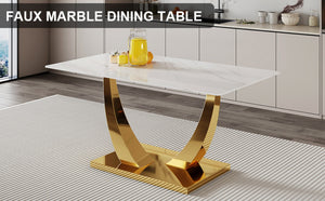 English Elm Modern Glass Rectangular Dining Table with Gold Metal Legs Seats Eight Stylishly W2827S00038