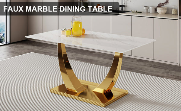 English Elm Modern Glass Rectangular Dining Table with Gold Metal Legs Seats Eight Stylishly W2827S00038