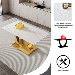 English Elm Modern Glass Rectangular Dining Table with Gold Metal Legs Seats Eight Stylishly W2827S00038