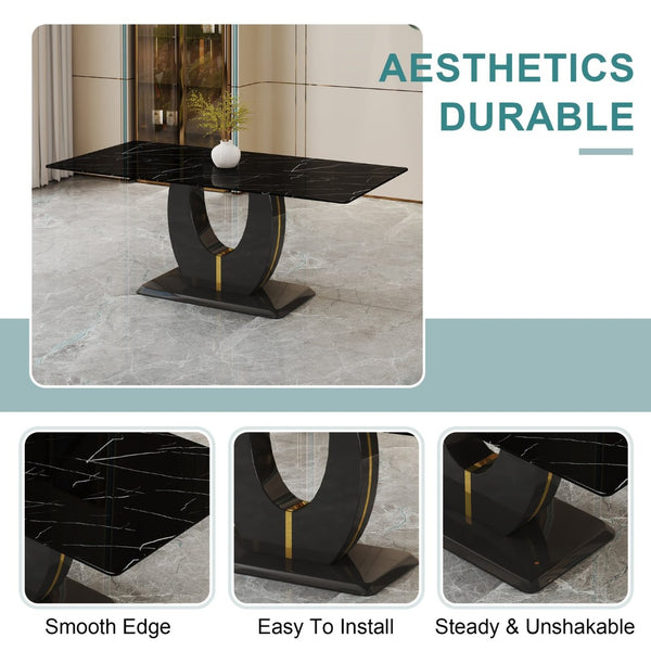 English Elm Modern Black Faux Marble Rectangular Dining Table Multifunctional Desk for Open Living W2827S00039