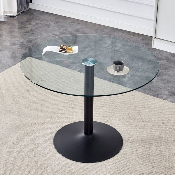 English Elm 40" Round Tempered Glass Dining Table with Matte Black Iron Base Seats Four W2827S00041