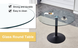 English Elm 40" Round Tempered Glass Dining Table with Matte Black Iron Base Seats Four W2827S00041