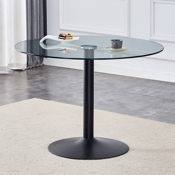English Elm 40" Round Tempered Glass Dining Table with Matte Black Iron Base Seats Four W2827S00041