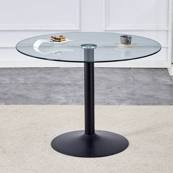 English Elm 40" Round Tempered Glass Dining Table with Matte Black Iron Base Seats Four W2827S00041