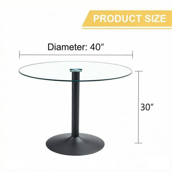 English Elm 40" Round Tempered Glass Dining Table with Matte Black Iron Base Seats Four W2827S00041