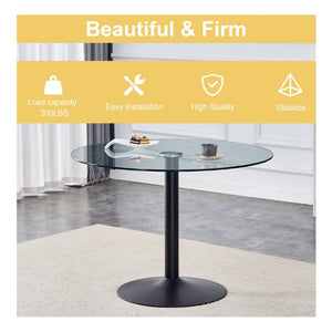 English Elm 40" Round Tempered Glass Dining Table with Matte Black Iron Base Seats Four W2827S00041