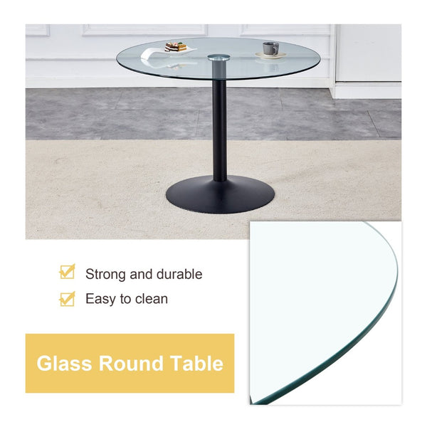 English Elm 40" Round Tempered Glass Dining Table with Matte Black Iron Base Seats Four W2827S00041