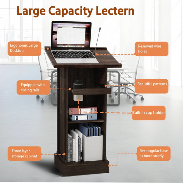 English Elm Wood Grain Lectern Podium 44 Inch Tall with Mic Slot Sliding Shelf for Church Seminar W282P430658