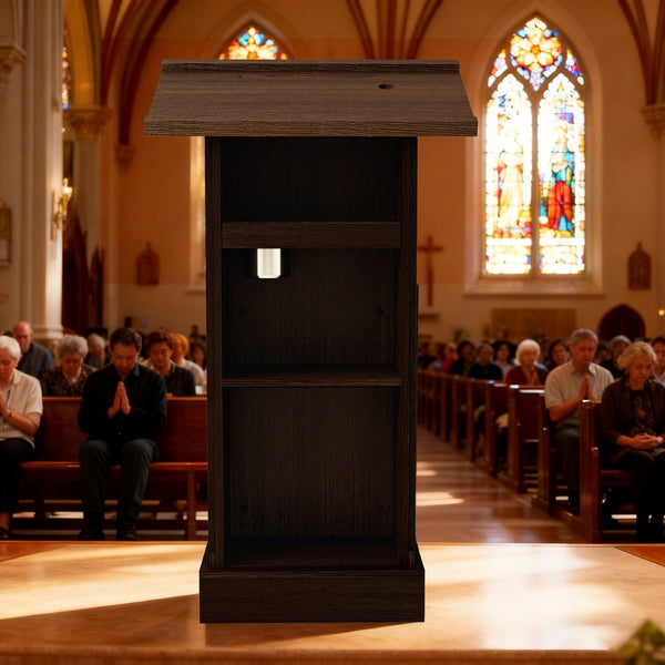 English Elm Wood Grain Lectern Podium 44 Inch Tall with Mic Slot Sliding Shelf for Church Seminar W282P430658