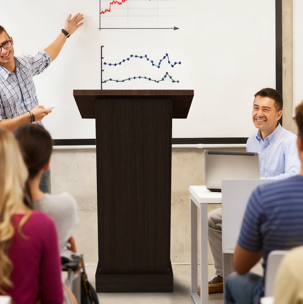 English Elm Wood Grain Lectern Podium 44 Inch Tall with Mic Slot Sliding Shelf for Church Seminar W282P430658