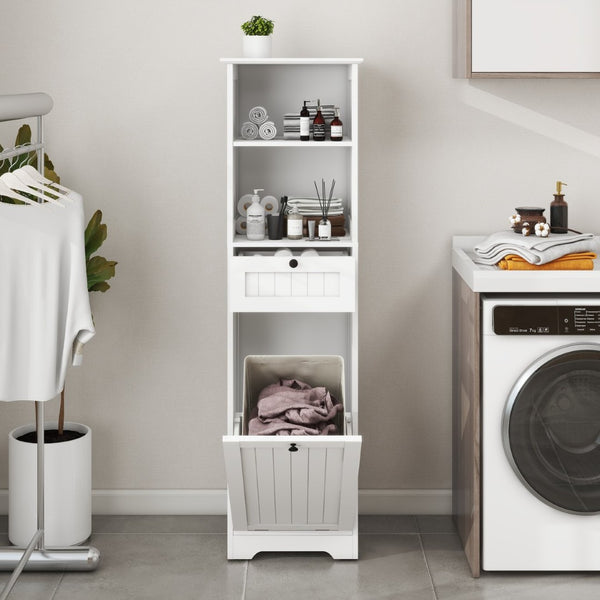 English Elm One-compartment Tilt-out Laundry Cabinet with Top Shelf Slim Mdf Storage for Tight Spaces One-Drawer W282P430948