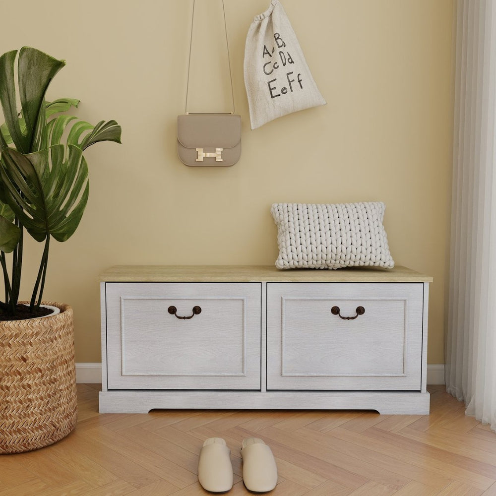 English Elm Shoe Storage Bench with Flip Top Drawers Adjustable Shelving for Entryway Hallway W282P431266