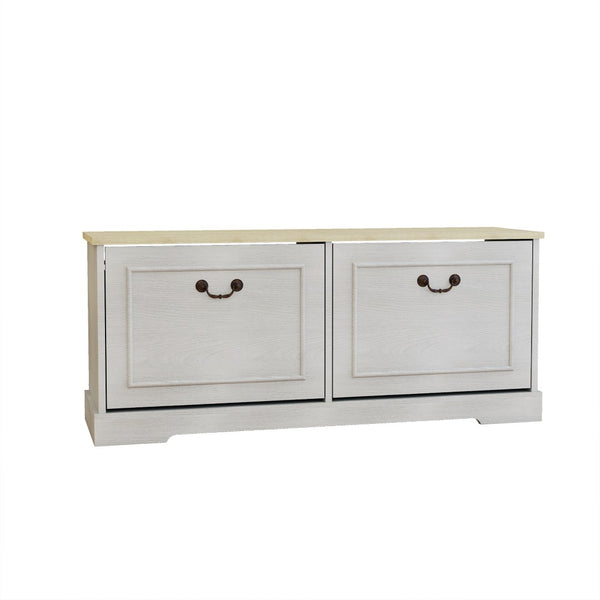 English Elm Shoe Storage Bench with Flip Top Drawers Adjustable Shelving for Entryway Hallway W282P431266