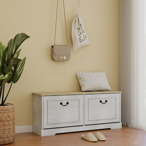 English Elm Shoe Storage Bench with Flip Top Drawers Adjustable Shelving for Entryway Hallway W282P431266
