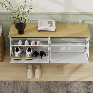 English Elm Shoe Storage Bench with Flip Top Drawers Adjustable Shelving for Entryway Hallway W282P431266