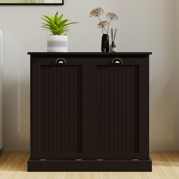 English Elm Two-Compartment Tilt-Out Laundry Cabinet Matte Black MDF Moisture-Resistant Sorter W282P439114
