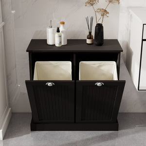 English Elm Two-Compartment Tilt-Out Laundry Cabinet Matte Black MDF Moisture-Resistant Sorter W282P439114
