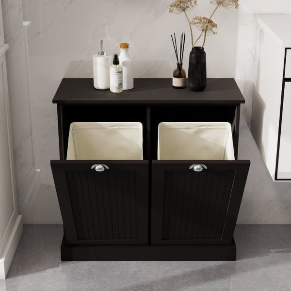 English Elm Two-Compartment Tilt-Out Laundry Cabinet Matte Black MDF Moisture-Resistant Sorter W282P439114