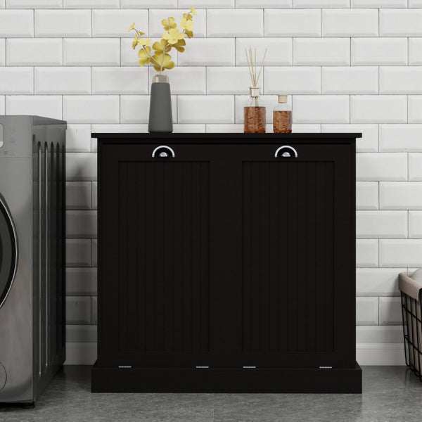 English Elm Two-Compartment Tilt-Out Laundry Cabinet Matte Black MDF Moisture-Resistant Sorter W282P439114